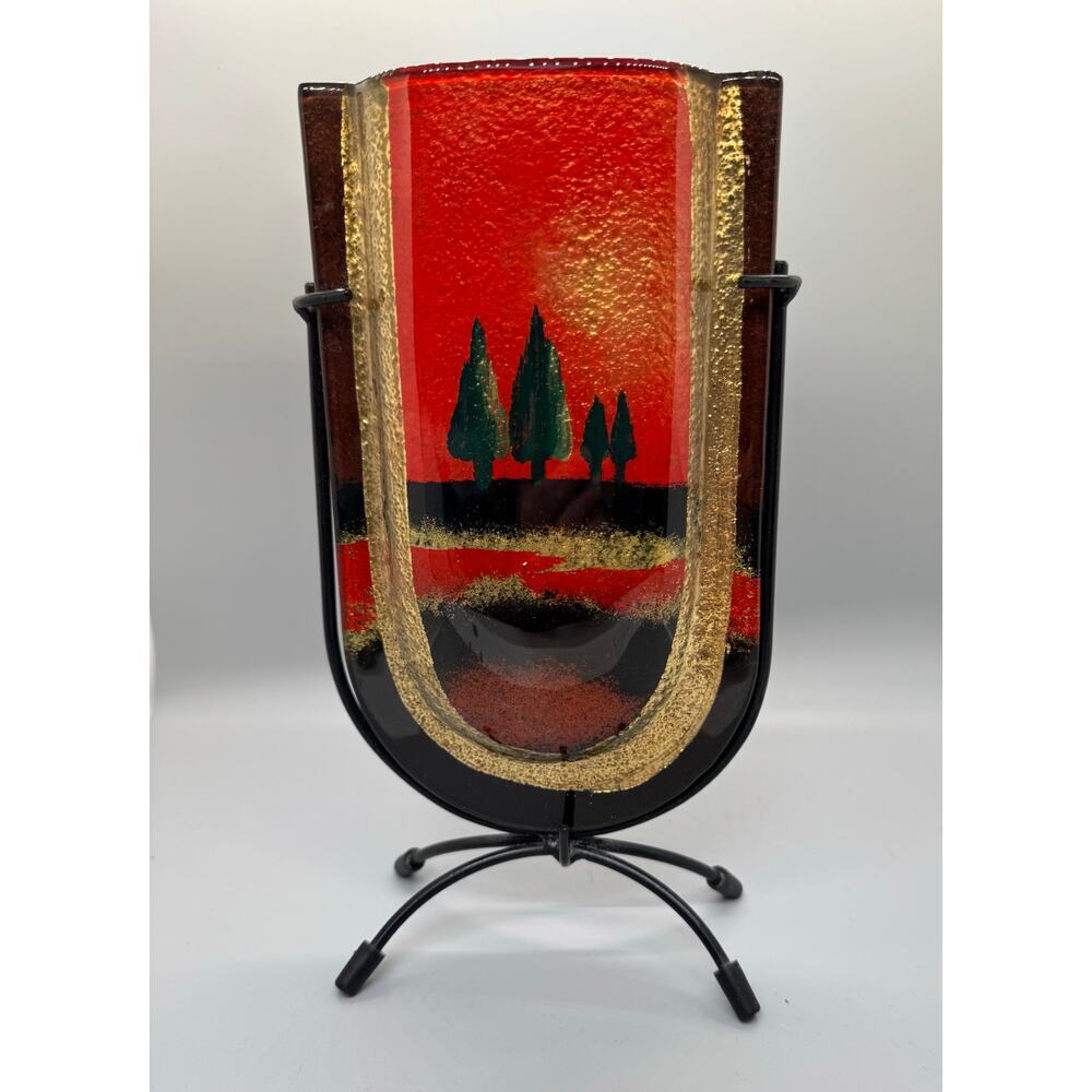 Vintage Jasmine Art Glass Vase in Metal Stand Black Gold Red Green Trees Vibrant - Picture 2 of 13